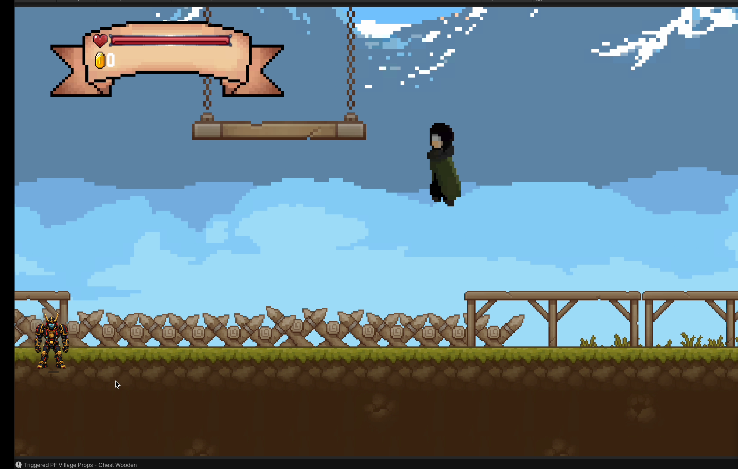 Unity içinde geliştirilen piksel grafiklere sahip 2D platform oyunu sahnesi
